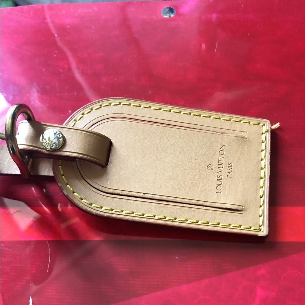 Louis Vuitton Tan Leather Luggage Tag with Yellow Stitching -new